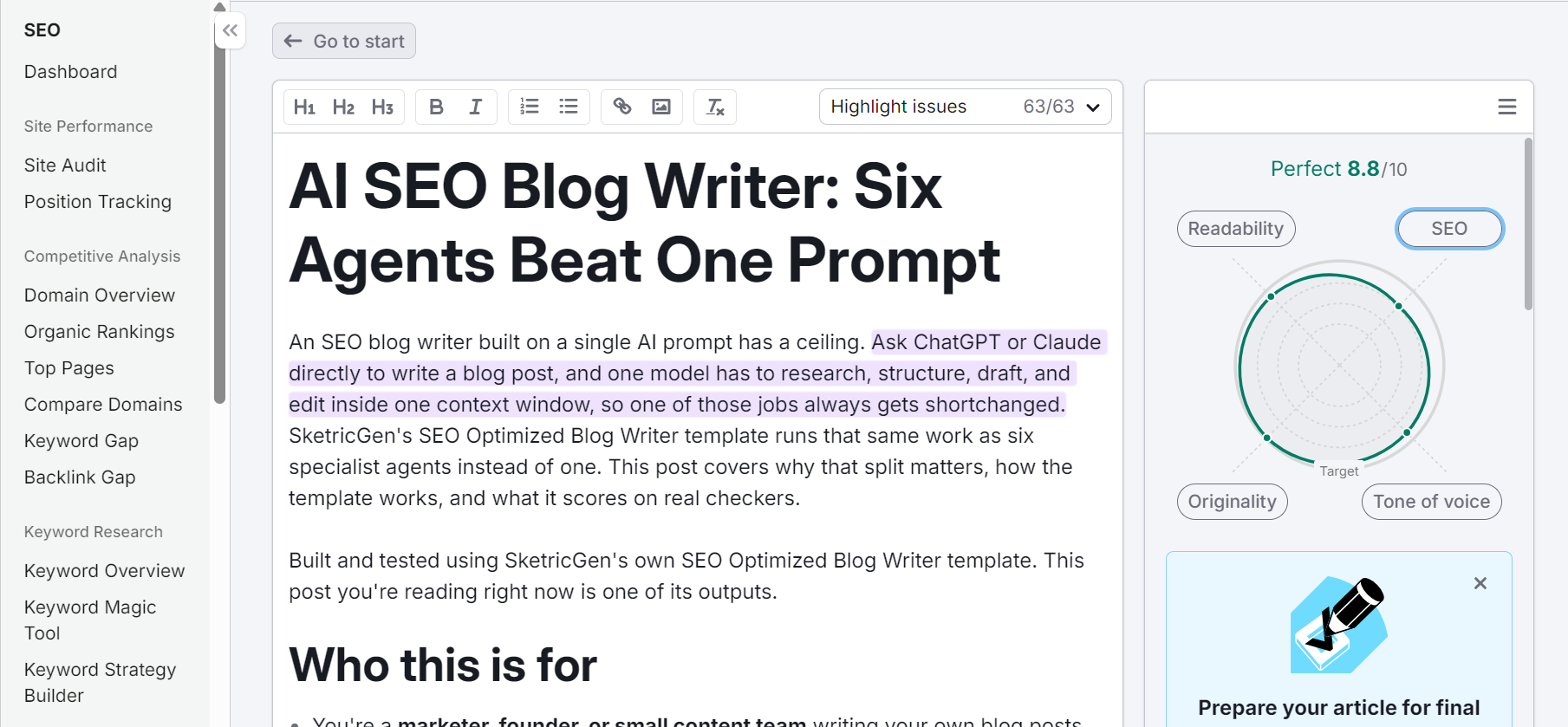 Semrush Blog writing score