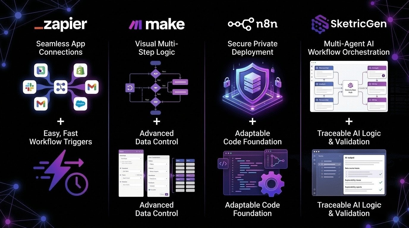 Alt text:Platform decision visual comparing Zapier, Make, n8n, and SketricGen across orchestration depth, deployment readiness, and observability