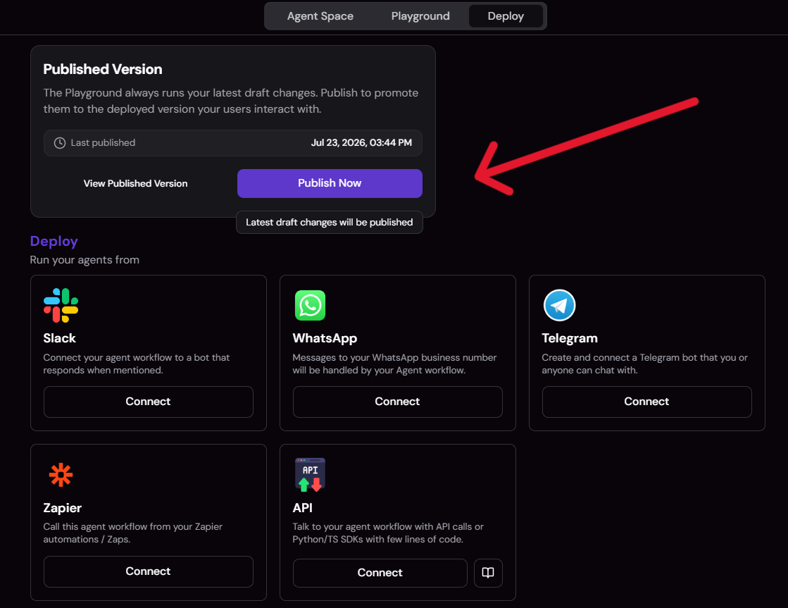 Screenshot of channels for deploying