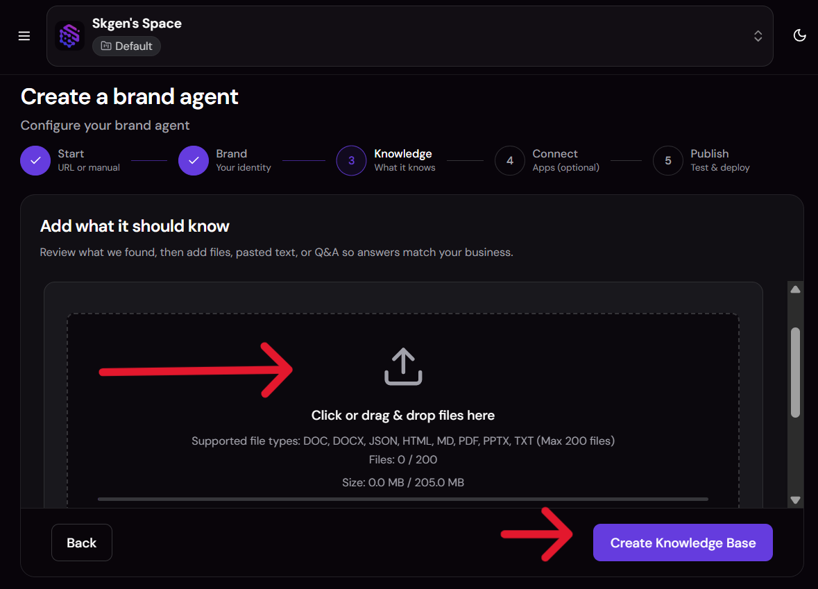 Brand Agent step — website URL input and brand snapshot preview