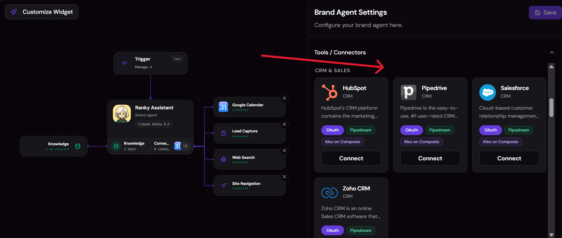 Agent Space showing pre-attached connectors and tools for this template