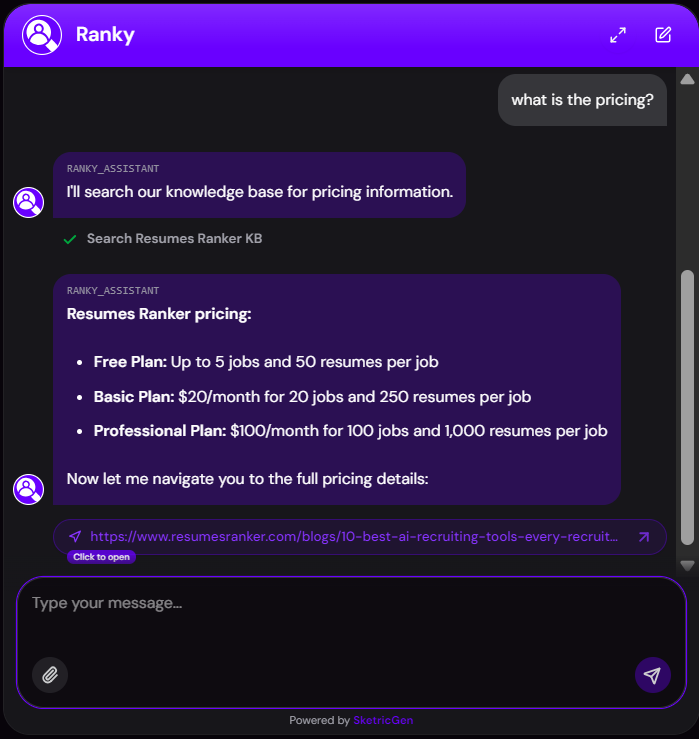 Chat widget answering a pricing FAQ from the brand knowledge base