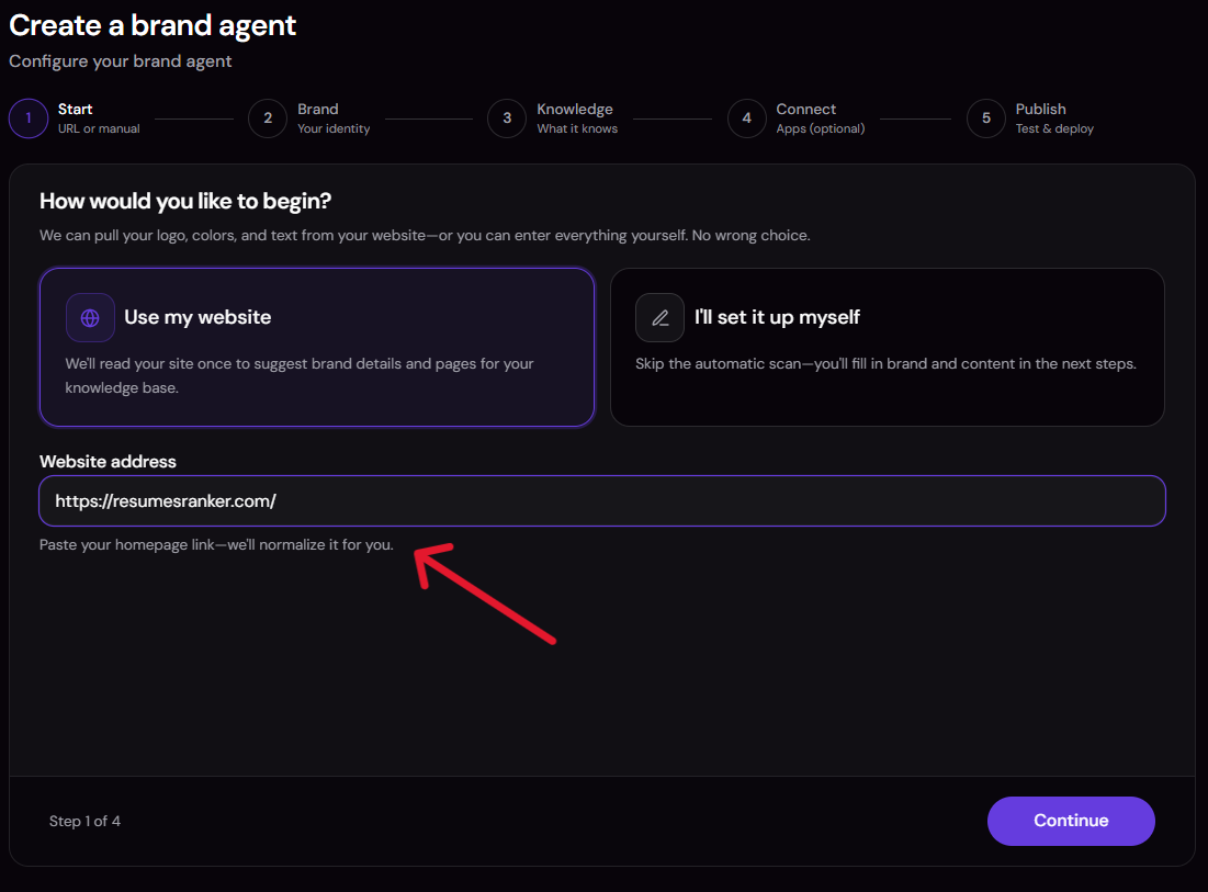 Brand Agent step — website URL input and brand snapshot preview