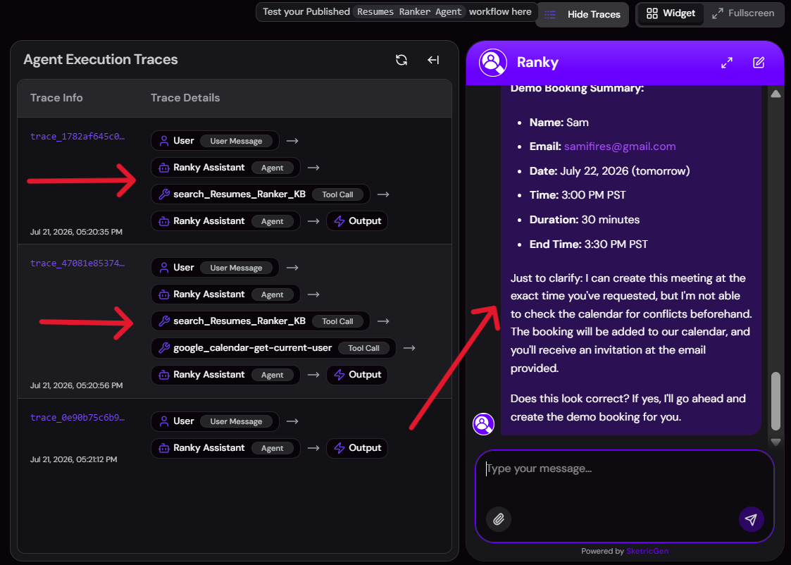 Test view — sample FAQ and booking run