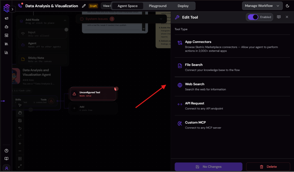 Screenshot window showing where you can add connectors from