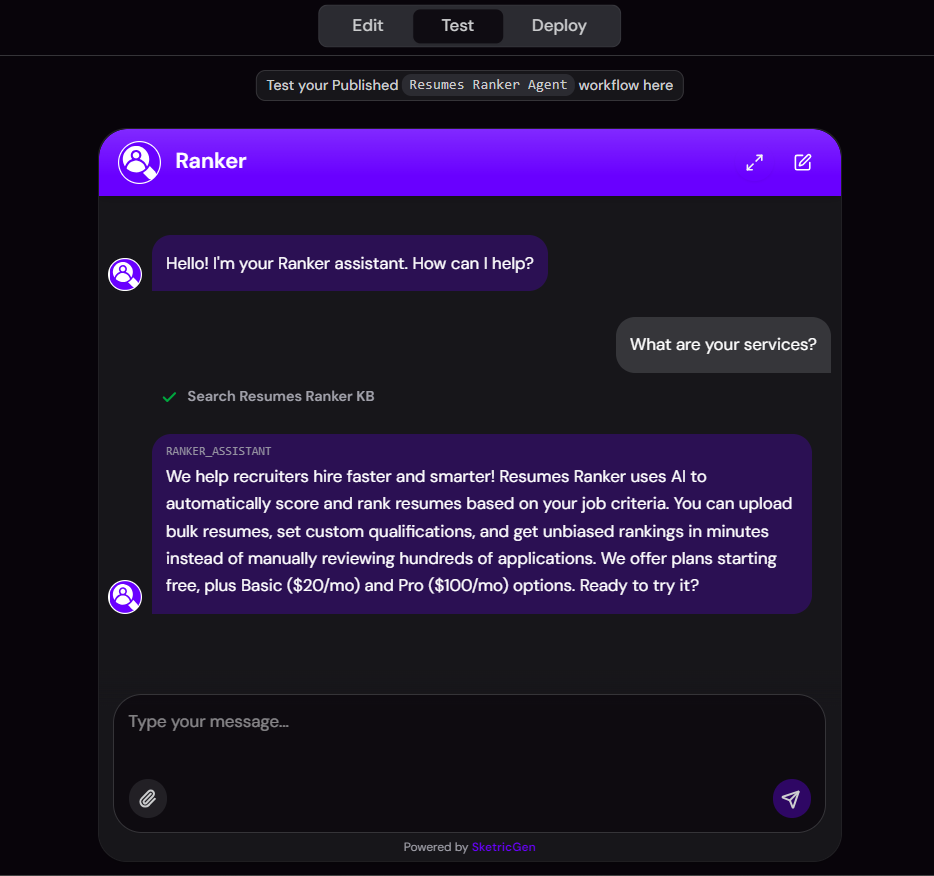 Screenshot of Test conversation in Playground
