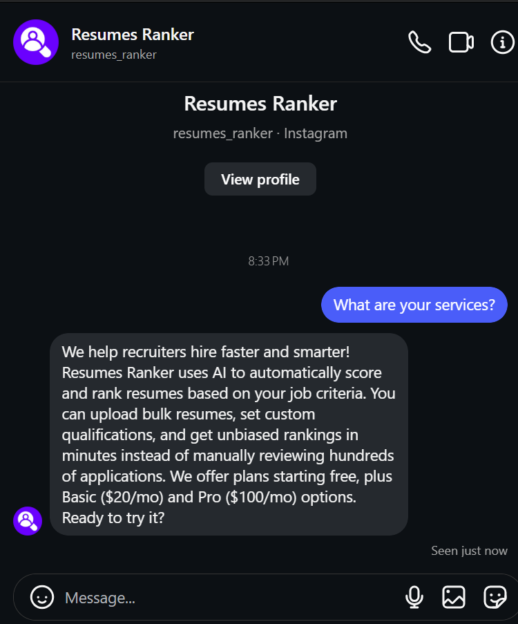 Screenshot of The agent replying a dm