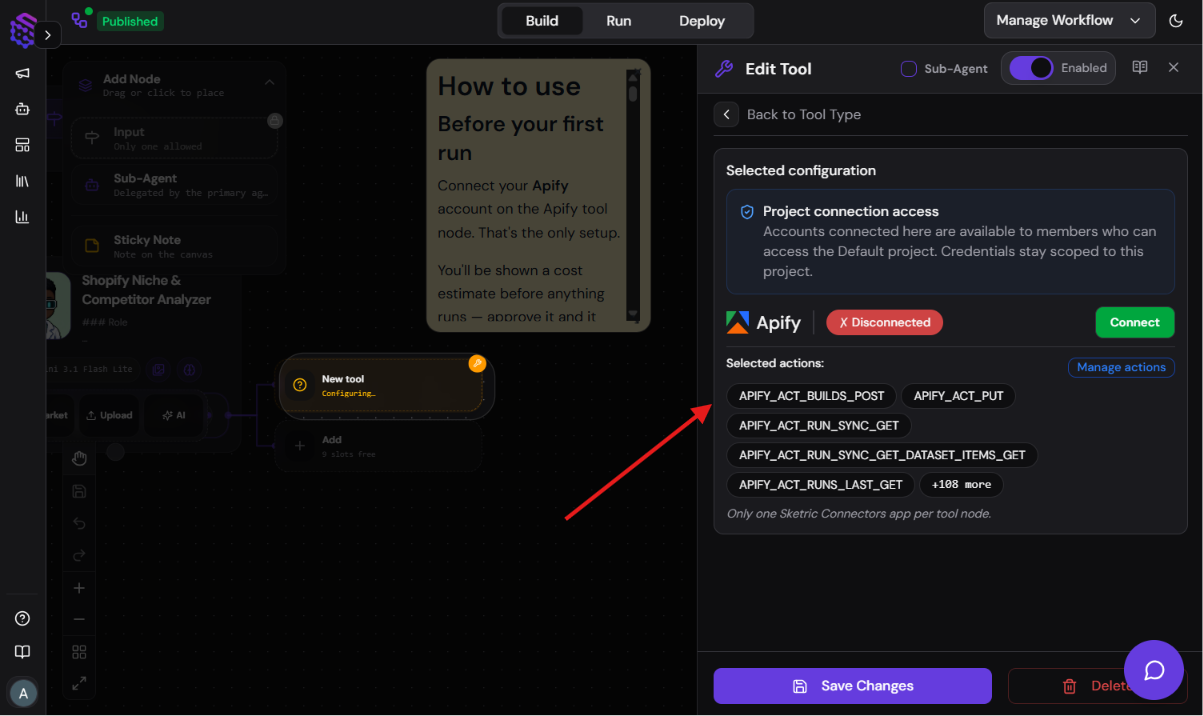 Connect Apify Tool to shopify Store Analyzer
